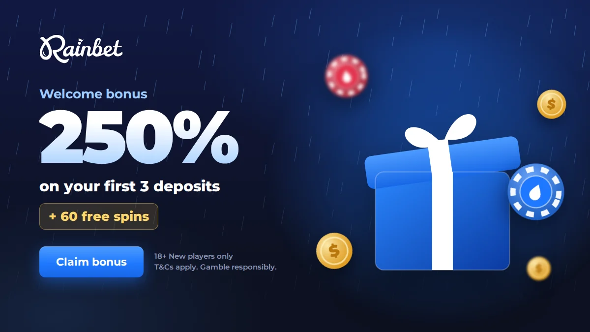 Rainbet welcome bonus: 250% on your first 3 deposits plus 60 free spins