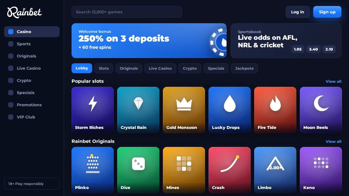 Rainbet Australia casino lobby with slots, Rainbet Originals, live casino and sports sections