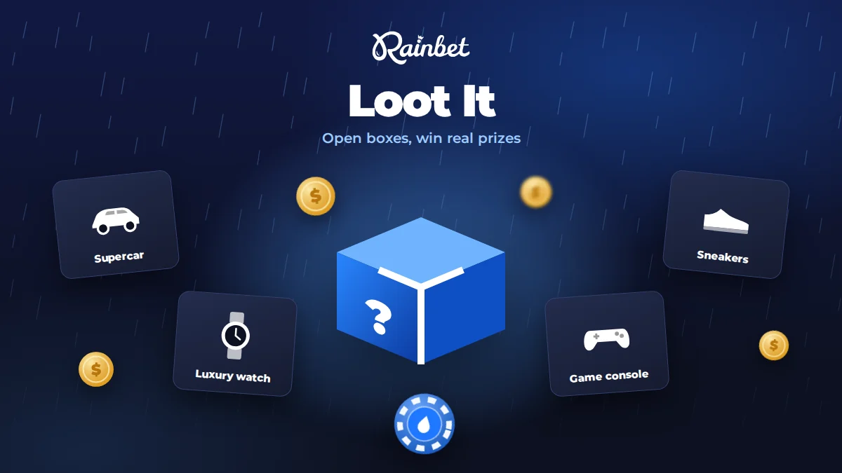 Rainbet Loot It mystery box with real prizes: supercar, luxury watch, game console and sneakers